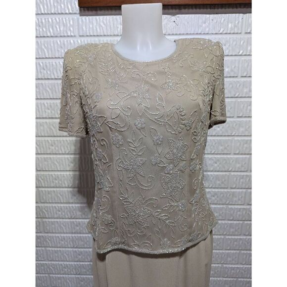 Talbots Women's Tan 2 Piece Set Lined Beaded Top and Maxi Skirt Size 10 - Picture 4 of 10